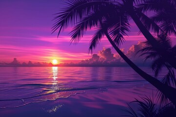 Majestic sunset over ocean with palm trees