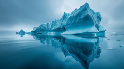 A massive iceberg drifts along the ocean waters, its icy mass towering above the surface. The icebergs sharp edges and rugged surface glisten under the sunlight as it floats amidst the vast expanse of