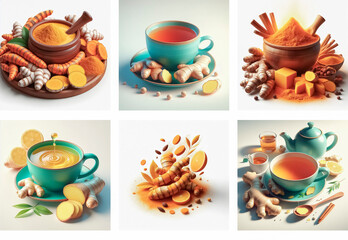 set of tea, Collage of different kinds of tea with turmeric and ginger.