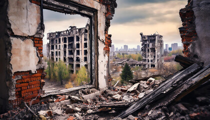 Post-apocalyptic ruined city. Destroyed buildings. Destruction and decay. Ruined cityscape.