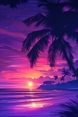 A painting of a sunset with palm trees