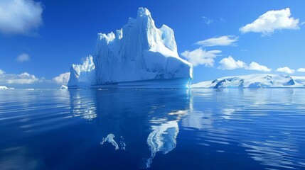 An immense iceberg, sculpted into unique shapes by the elements, stands in stark contrast to the vast expanse of the ocean. The iceberg appears pristine against the backdrop of the cold, blue waters. - 783280356