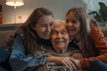 World kindness day, Medium shot of happy extended family of grandparent, Siblings visiting their grandmother, Mature lady cuddles little grandson girl hugs in living room. - obrazy, fototapety, plakaty