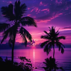 Fototapeta na wymiar Purple sunset with palm trees and ocean
