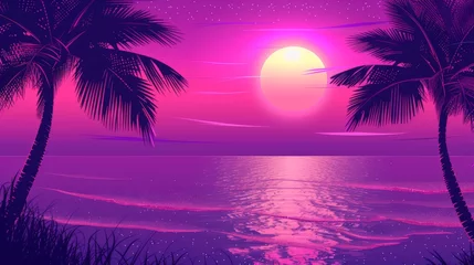 Photo sur Plexiglas Roze A painting of a sunset with palm trees