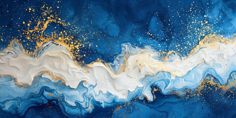 Celestial Tide: Blue and Gold Abstract Resin Art - Ocean-Inspired Wall Decor with a Cosmic Twist - obrazy, fototapety, plakaty