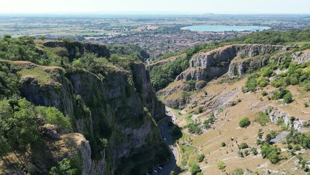Drone shot of Cheddar Gorge in Mendip Hills, near the village of Cheddar, Somerset, England, UK