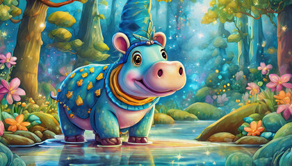 OIL PAINTING STYLE Cartoon character Side view of hippo standing on mud in forest close up scene,