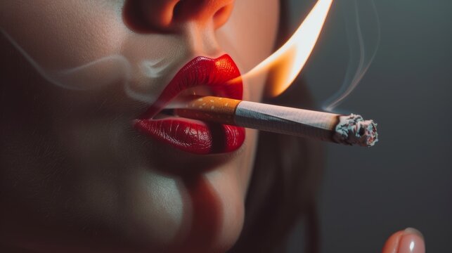 Close up of a burning hundred dollar bill held in female's beautiful fingers lighting the tip of a cigarette in her perfect lips 