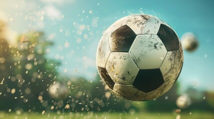 Fototapeta premium A dynamic shot of a soccer ball in mid-air during a game