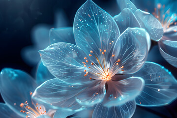 Closeup view of white and blue neon transparent flowers, a modern and vibrant decoration suitable for parties and contemporary interior designs.