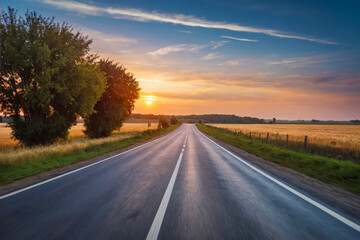 A long road with a sunset in the background. The sky is cloudy and the sun is setting