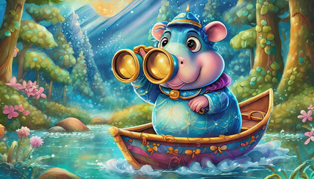 oil painting style Cartoon character Side view of hippo standing on mud in smile boat in forest close up scene,