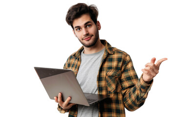 Studio portrait company worker smart young Caucasian man with chill style and serious face wearing casual outfits and holding laptop, isolated on transparent png background.