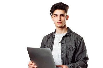 Studio portrait company worker smart young Caucasian man with chill style and serious face wearing casual outfits and holding laptop, isolated on transparent png background.