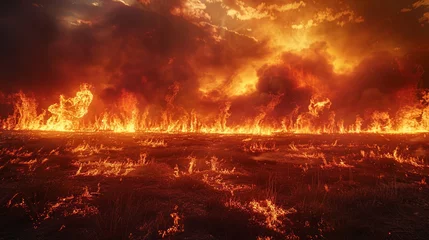 Selbstklebende Fototapeten Wildfire rages across the land beneath a turbulent smoke-filled sky © rorozoa