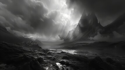 A grayscale landscape with dramatic lighting and shadows, evoking a sense of mystery - obrazy, fototapety, plakaty