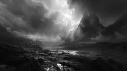 Foto op Aluminium A grayscale landscape with dramatic lighting and shadows, evoking a sense of mystery © KerXing