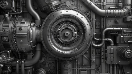 A grayscale illustration of machinery and industrial equipment, highlighting the beauty of mechanical design