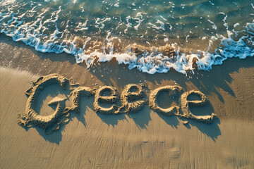 Greece written in the sand on a beach. Greek tourism and vacation background - 783281953