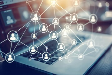 Digital marketing concept with social network connection, people icons and laptop computer in the background Generative AI
