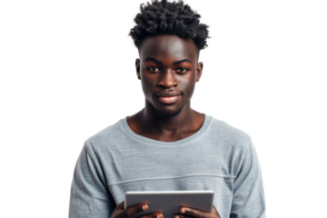 Studio portrait company business worker smart young African American man with serious face holding tablet, isolated on transparent png background.