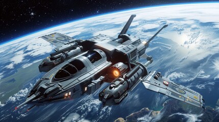 A futuristic space ship is seen flying high above the Earths surface, with the planets atmosphere...