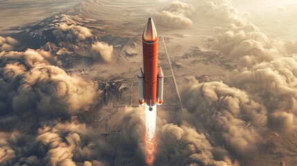 A red rocket is soaring through a cloudy sky, leaving a trail of smoke behind as it propels towards space. The rockets sleek design stands out against the fluffy white clouds.