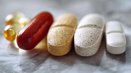 A group of pills and capsules on a table with one pill missing, AI