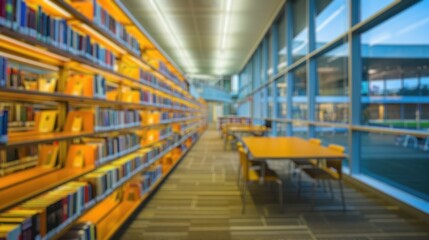 A softly blurred image of a library interior, featuring rows of bookshelves, reading tables, and a...