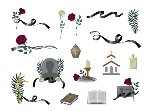 A large set of vector illustrations related to mourning, funerals and cemeteries. Mourning ribbons, flowers, an urn with the ashes of the deceased, a church, a candle, a Bible, a portrait in mourning 