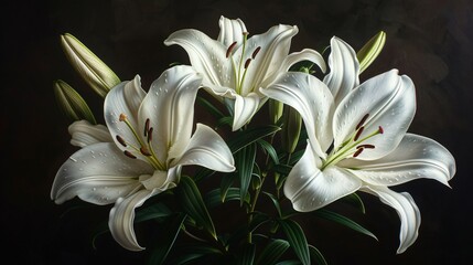 A canvas where white lilies bloom in lush detail their elegance immortalized in rich oil paints