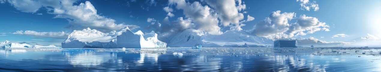 Icebergs floating in the ocean with blue sky and clouds