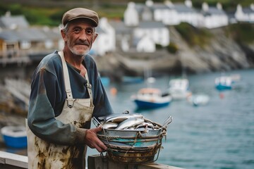Weathered Fisherman Proudly Displays Catch in Picturesque Seaside Village Harbor