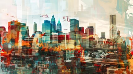 Abstract cityscape collage with buildings, bridges, and urban landmarks