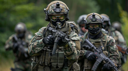 Obraz premium A group of soldiers in camouflage gear with masks and guns, AI