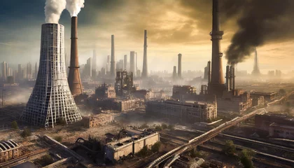 Foto auf Acrylglas Dystopian cityscapes. Global warming. Industrial area with smoke in the air. © hardvicore