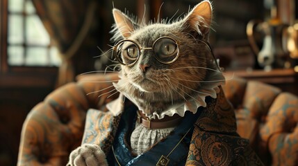 Aristocrat cat in a dress - obrazy, fototapety, plakaty