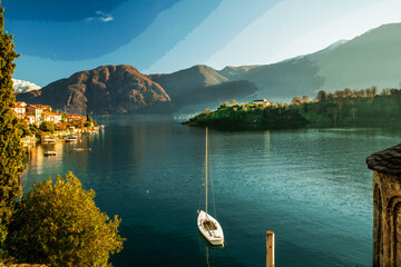 Amazing view on Lake Como with island Comacino тв monastery and sailboat anchored 