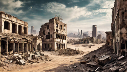 Post-apocalyptic ruined city and old buildings in desert landscape. 3D rendering.