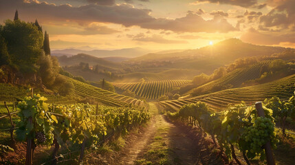 As the sun descends beyond hills adorned with rows of luscious grapes, a golden hue envelops the vineyard's winding path. - obrazy, fototapety, plakaty