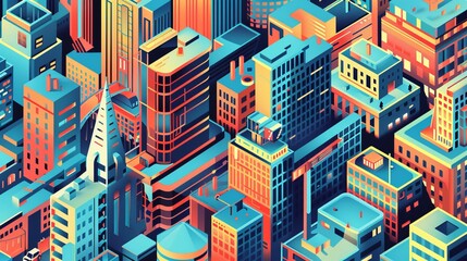 Bright and colorful illustration of a bustling cityscape