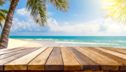 Desk of free space for your decoration and summer landscape of ocean with beach.