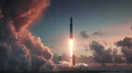 An artists rendering showcasing a rocket piercing through the sky with intense force and speed. The powerful jet propulsion propelling the shuttle into space is depicted with precision and detail.