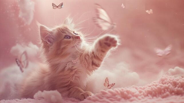 A fluffy kitten batting at butterflies surrounded by clouds and painted in ethereal pastel hues radiating innocence