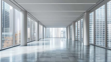 A long hallway with a lot of windows and tall buildings, AI