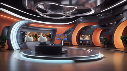 A modern futuristics C-Shaped Television studio with three tv screen, Sofa, and other thing collection made with wooden and metallic texture generated by AI tools..