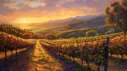 As the sun dips behind the hills of a vineyard, its warm glow illuminates rows of ripening grapes...