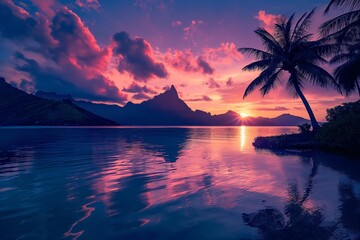 Tropical Sunset with Palm Trees and Ocean Landscape - obrazy, fototapety, plakaty