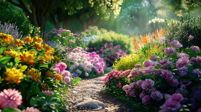 Colorful flowers in a green garden